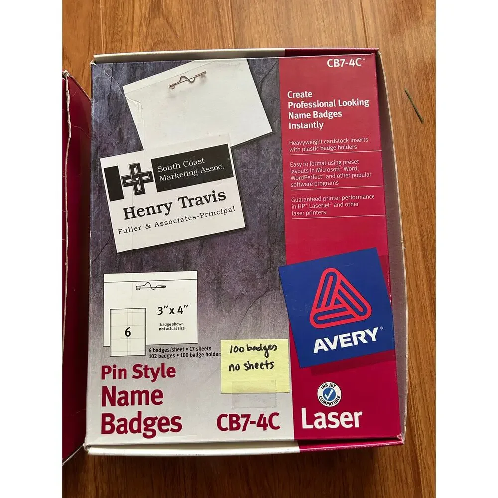 Avery Pin Style Name Badges CB7-4C - Opened Boxes 200 badges & 8 sheets